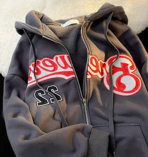 Getadme Vintage Lamb Wool Sweatshirt Women Embroidery Letter Hoodies Winter Warm Fleece Coat Women Fashion Oversized Baseball Streetwear