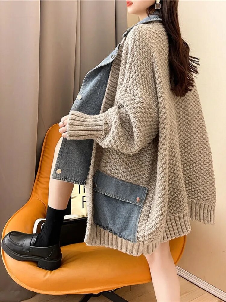 Getadme Autumn Winter New Arrivals Denim Stitched Sweater Coat Women's Loose Thickened Knitted Cardigan Top Women