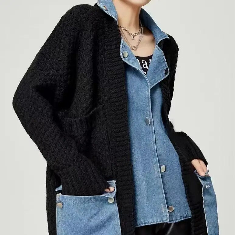 Getadme Autumn Winter New Arrivals Denim Stitched Sweater Coat Women's Loose Thickened Knitted Cardigan Top Women