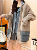 Getadme Autumn Winter New Arrivals Denim Stitched Sweater Coat Women's Loose Thickened Knitted Cardigan Top Women