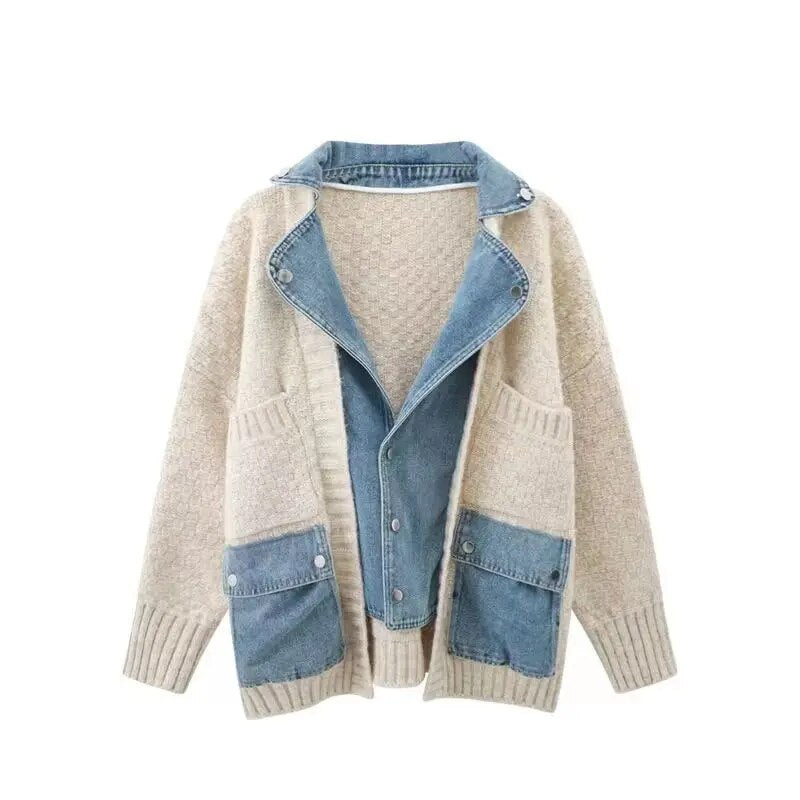 Getadme Autumn Winter New Arrivals Denim Stitched Sweater Coat Women's Loose Thickened Knitted Cardigan Top Women