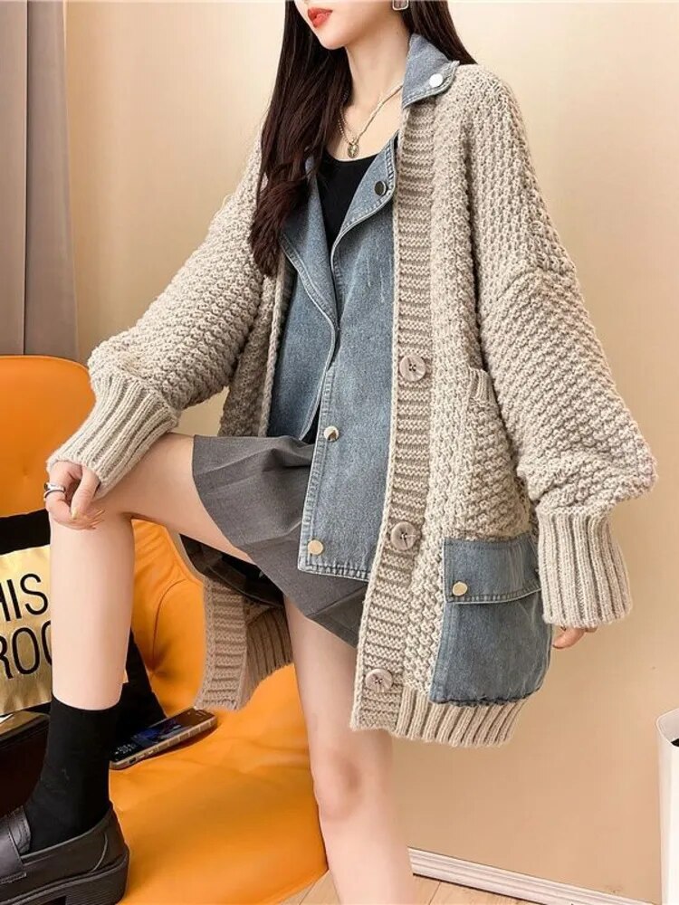 Getadme Autumn Winter New Arrivals Denim Stitched Sweater Coat Women's Loose Thickened Knitted Cardigan Top Women