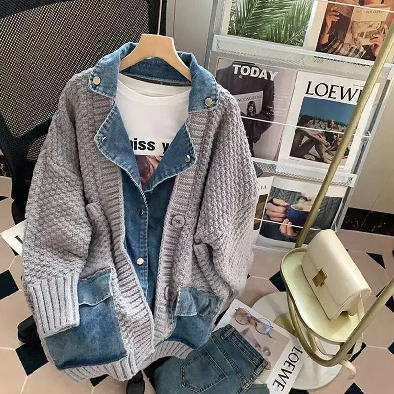 Getadme Autumn Winter New Arrivals Denim Stitched Sweater Coat Women's Loose Thickened Knitted Cardigan Top Women