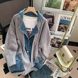 Getadme Autumn Winter New Arrivals Denim Stitched Sweater Coat Women's Loose Thickened Knitted Cardigan Top Women