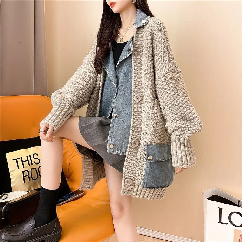 Getadme Autumn Winter New Arrivals Denim Stitched Sweater Coat Women's Loose Thickened Knitted Cardigan Top Women