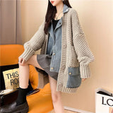 Getadme Autumn Winter New Arrivals Denim Stitched Sweater Coat Women's Loose Thickened Knitted Cardigan Top Women