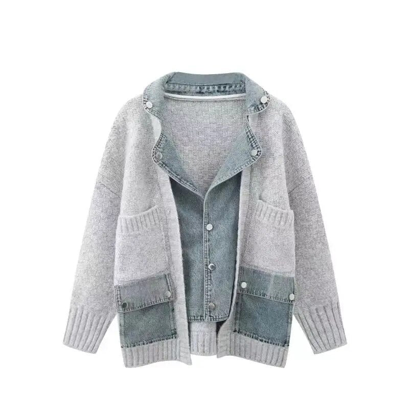 Getadme Autumn Winter New Arrivals Denim Stitched Sweater Coat Women's Loose Thickened Knitted Cardigan Top Women