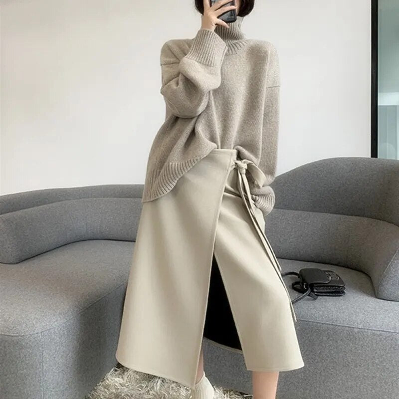 Getadme Autumn and Winter New Thick Cashmere Sweater Women High Neck Pullover Sweater Warm Loose Knitted Base Sweater Jacket Tops