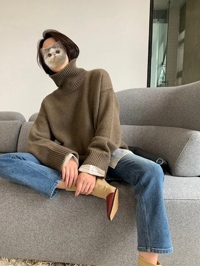 Getadme Autumn and Winter New Thick Cashmere Sweater Women High Neck Pullover Sweater Warm Loose Knitted Base Sweater Jacket Tops
