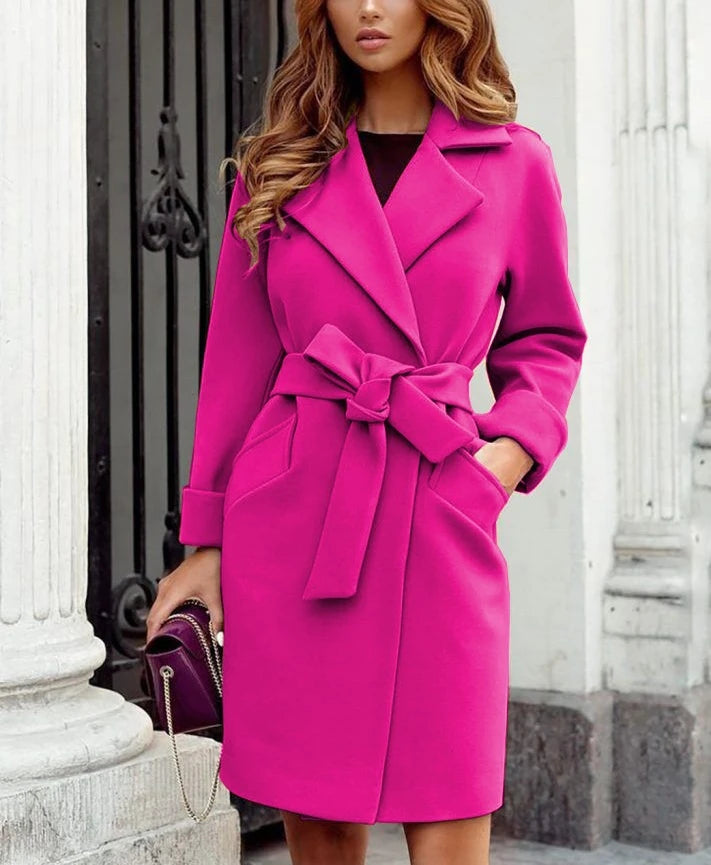 GETADME 2024 Autumn and Winter Women's Fashionable Slim Fit Temperament Woolen Coat, Suit Collar Belt Slim Tie Long-sleeved Woolen Coat