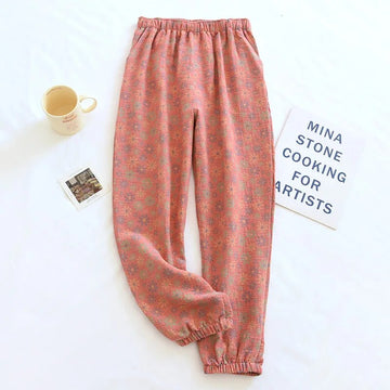 Getadme 2025 New Spring Summer Women's Pajamas 100% Cotton Crepe Pants Women's Comfortable Loose Large Leaf Home Pants Thin bottoms