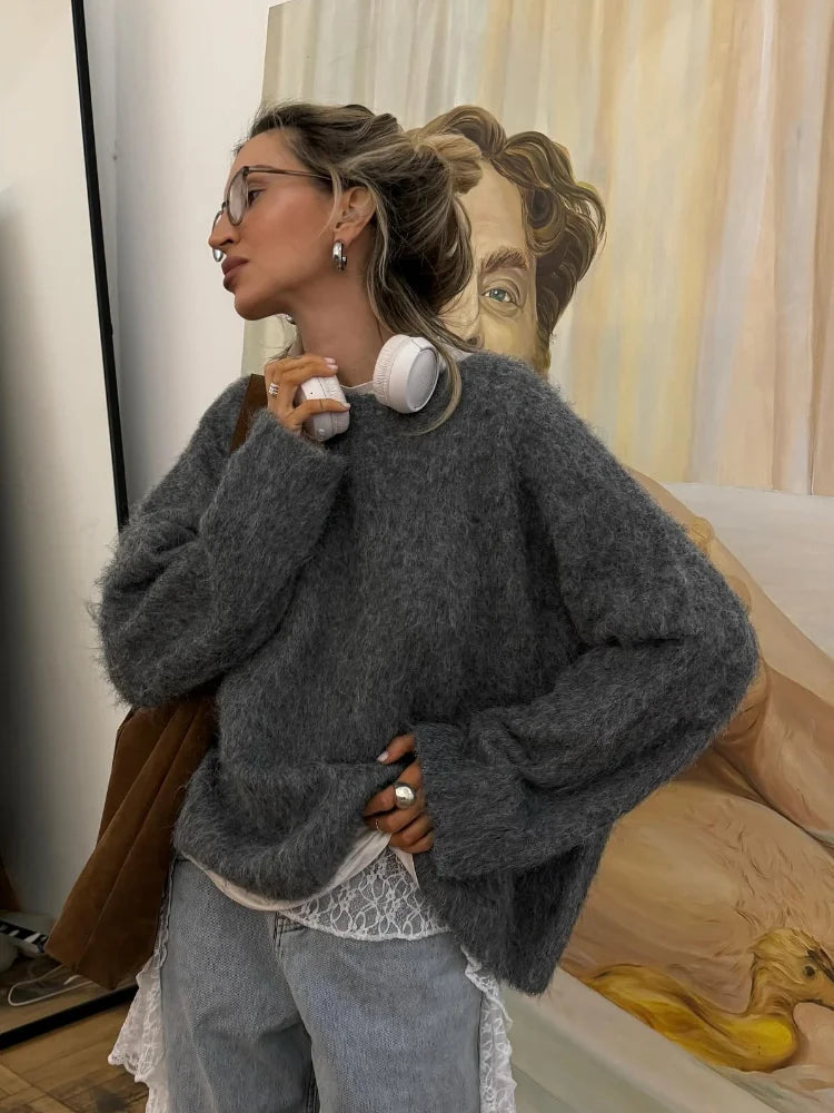 GETADME 2024 Casual Dark Grey Women's Mohair Pullover Sweater Fashion Loose Long Sleeve O Neck Knit Jumper Lady Versatile Chic Knitwear
