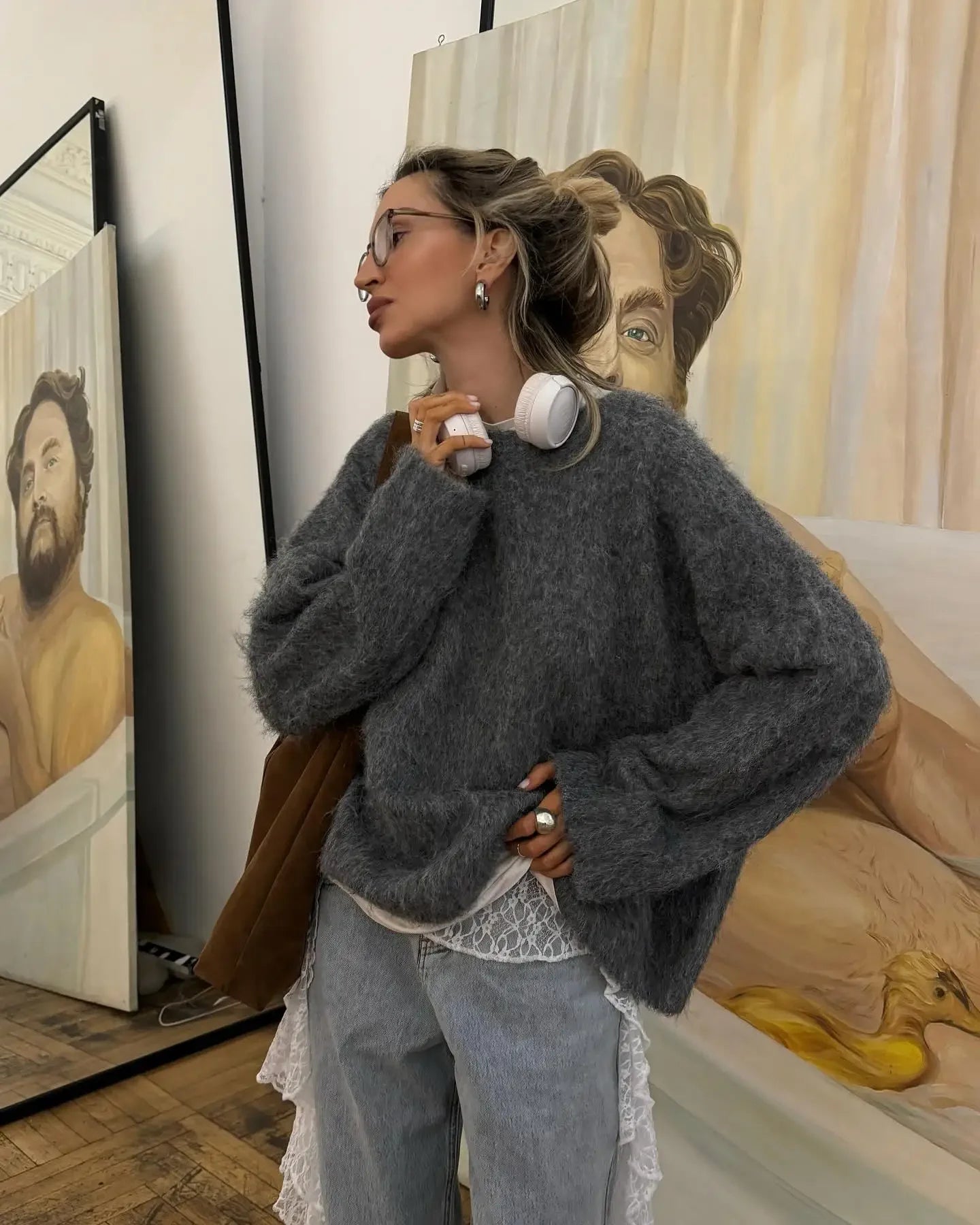 GETADME 2024 Casual Dark Grey Women's Mohair Pullover Sweater Fashion Loose Long Sleeve O Neck Knit Jumper Lady Versatile Chic Knitwear