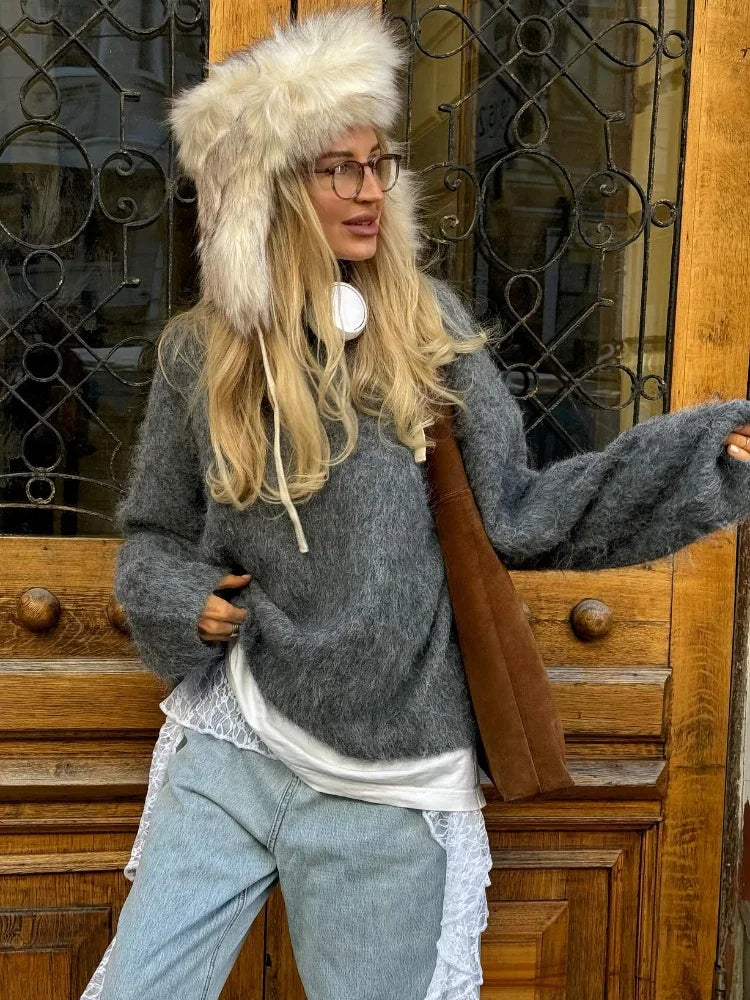 GETADME 2024 Casual Dark Grey Women's Mohair Pullover Sweater Fashion Loose Long Sleeve O Neck Knit Jumper Lady Versatile Chic Knitwear