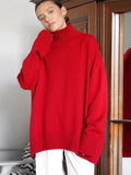 Getadme Elegant Red Turtleneck Women's Cashmere Sweater Fashion Long Sleeves Casual Loose Jumpers Female Stylish Basic Knitted Tops