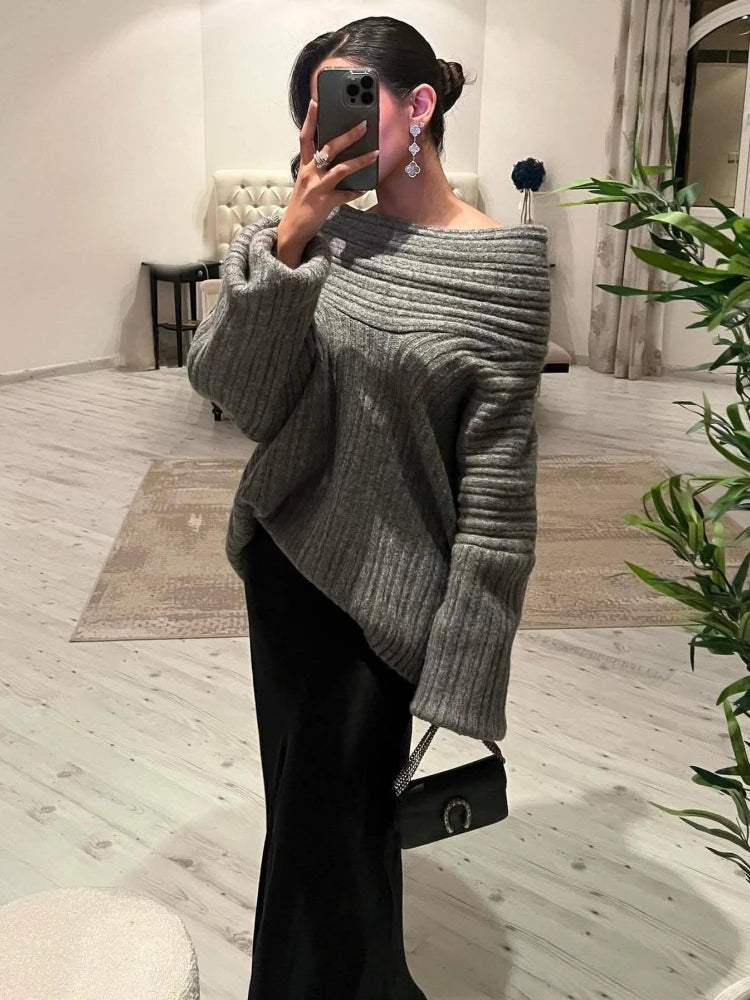 GETADME 2024 New Winter Elegant Thick Irregular Loose Women Sweater Casual Knit Long Sleeve Sweater Chic Gray Oversize Female Pullovers
