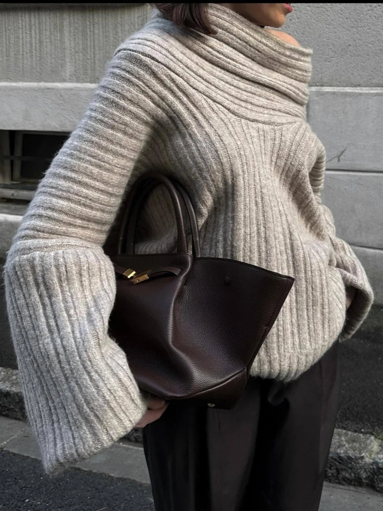 GETADME 2024 New Winter Elegant Thick Irregular Loose Women Sweater Casual Knit Long Sleeve Sweater Chic Gray Oversize Female Pullovers
