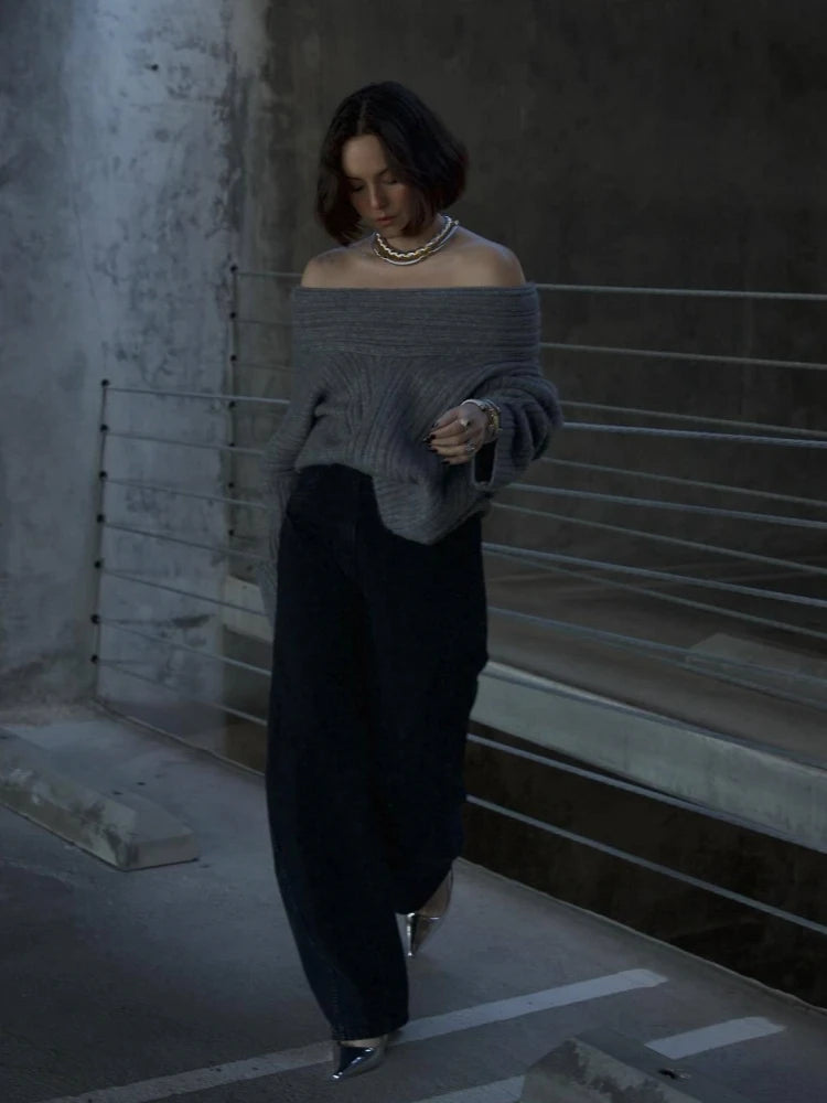 GETADME 2024 New Winter Elegant Thick Irregular Loose Women Sweater Casual Knit Long Sleeve Sweater Chic Gray Oversize Female Pullovers