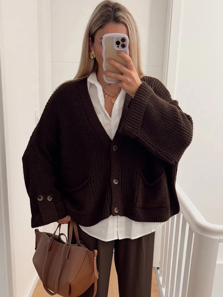 GETADME 2024 New Women's Fashion Single Breasted Knitted Cardigan Casual Loose V-neck Long Sleeved Short Sweater Fall Lady Chic Knitwear