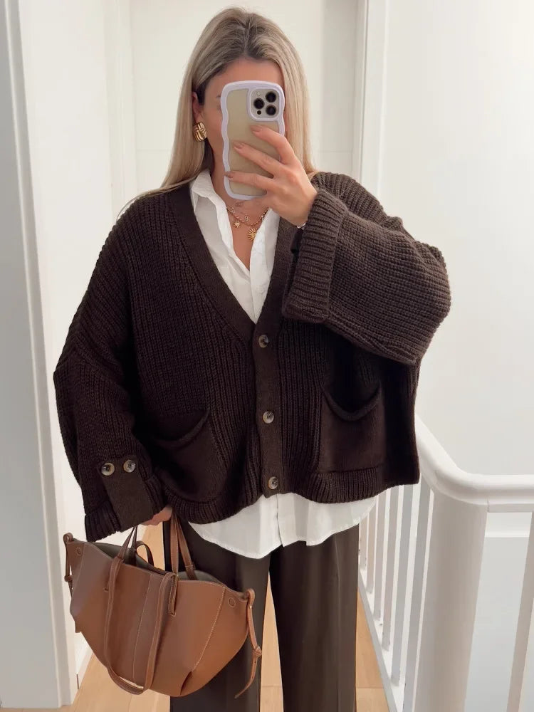 GETADME 2024 New Women's Fashion Single Breasted Knitted Cardigan Casual Loose V-neck Long Sleeved Short Sweater Fall Lady Chic Knitwear