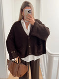 GETADME 2024 New Women's Fashion Single Breasted Knitted Cardigan Casual Loose V-neck Long Sleeved Short Sweater Fall Lady Chic Knitwear