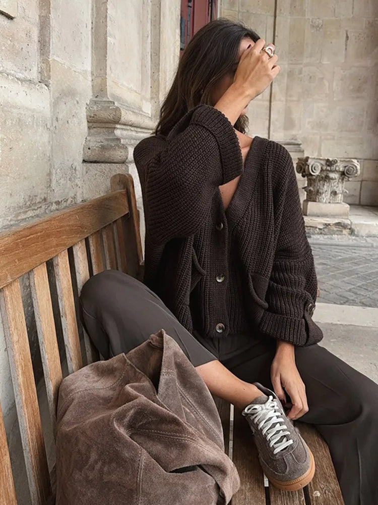 GETADME 2024 New Women's Fashion Single Breasted Knitted Cardigan Casual Loose V-neck Long Sleeved Short Sweater Fall Lady Chic Knitwear