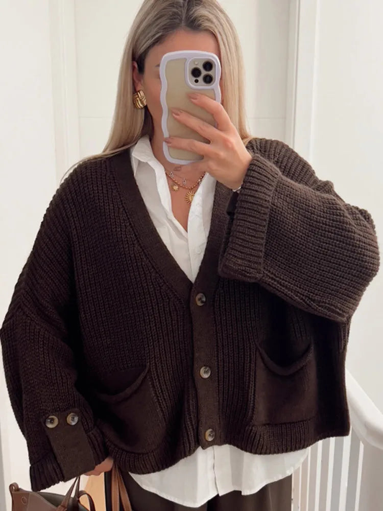 GETADME 2024 New Women's Fashion Single Breasted Knitted Cardigan Casual Loose V-neck Long Sleeved Short Sweater Fall Lady Chic Knitwear