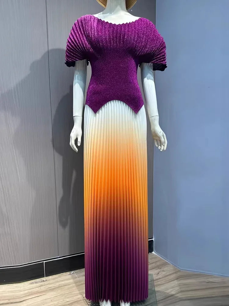 GETADME Pleated 2 Pieces Set Women Fashion V Neck Short Batwing Sleeves Irregular Hem T-shirt&New Gradient A-line Folds Long Skirt