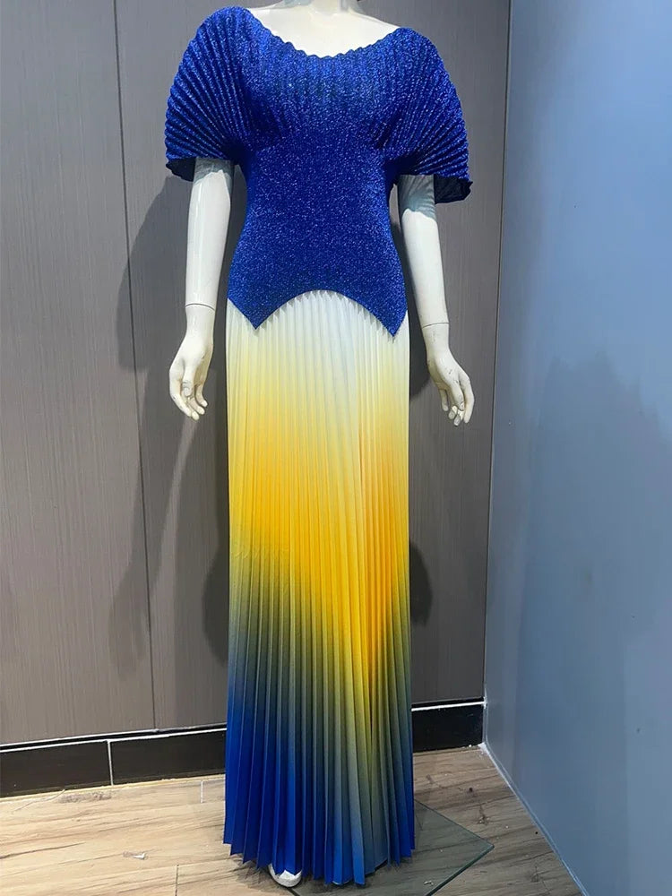 GETADME Pleated 2 Pieces Set Women Fashion V Neck Short Batwing Sleeves Irregular Hem T-shirt&New Gradient A-line Folds Long Skirt