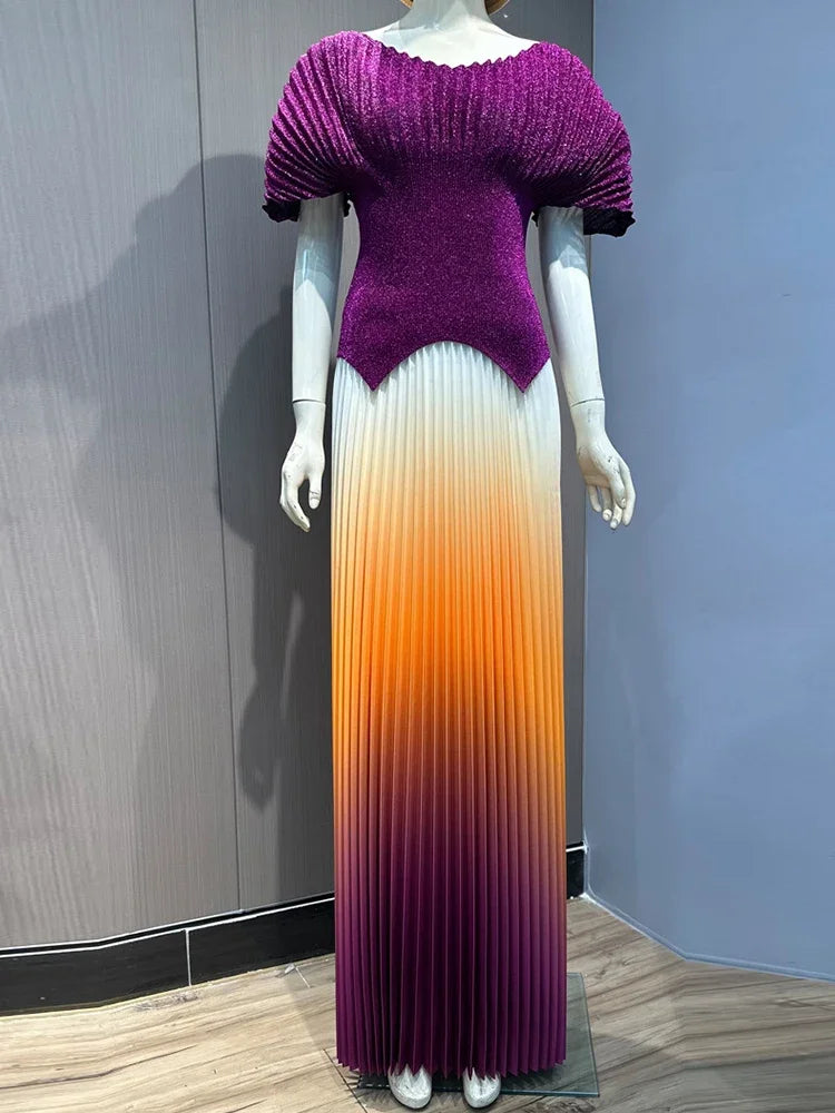 GETADME Pleated 2 Pieces Set Women Fashion V Neck Short Batwing Sleeves Irregular Hem T-shirt&New Gradient A-line Folds Long Skirt