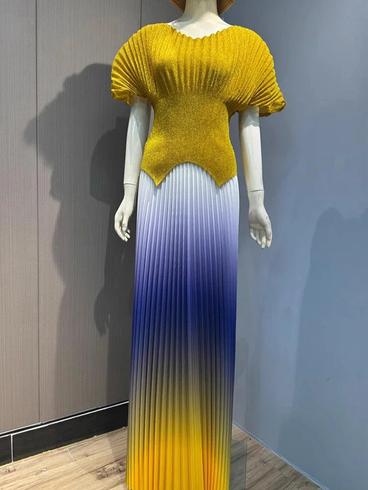 GETADME Pleated 2 Pieces Set Women Fashion V Neck Short Batwing Sleeves Irregular Hem T-shirt&New Gradient A-line Folds Long Skirt