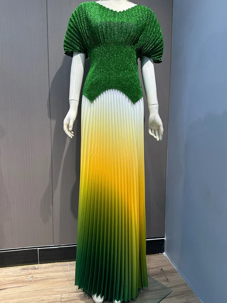 GETADME Pleated 2 Pieces Set Women Fashion V Neck Short Batwing Sleeves Irregular Hem T-shirt&New Gradient A-line Folds Long Skirt