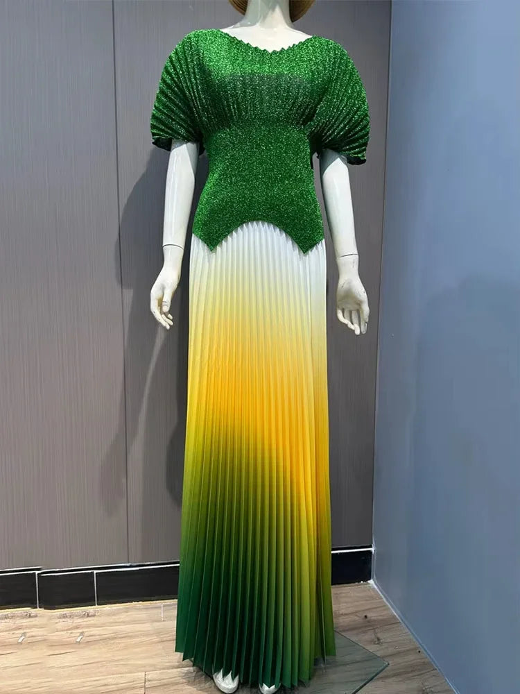 GETADME Pleated 2 Pieces Set Women Fashion V Neck Short Batwing Sleeves Irregular Hem T-shirt&New Gradient A-line Folds Long Skirt