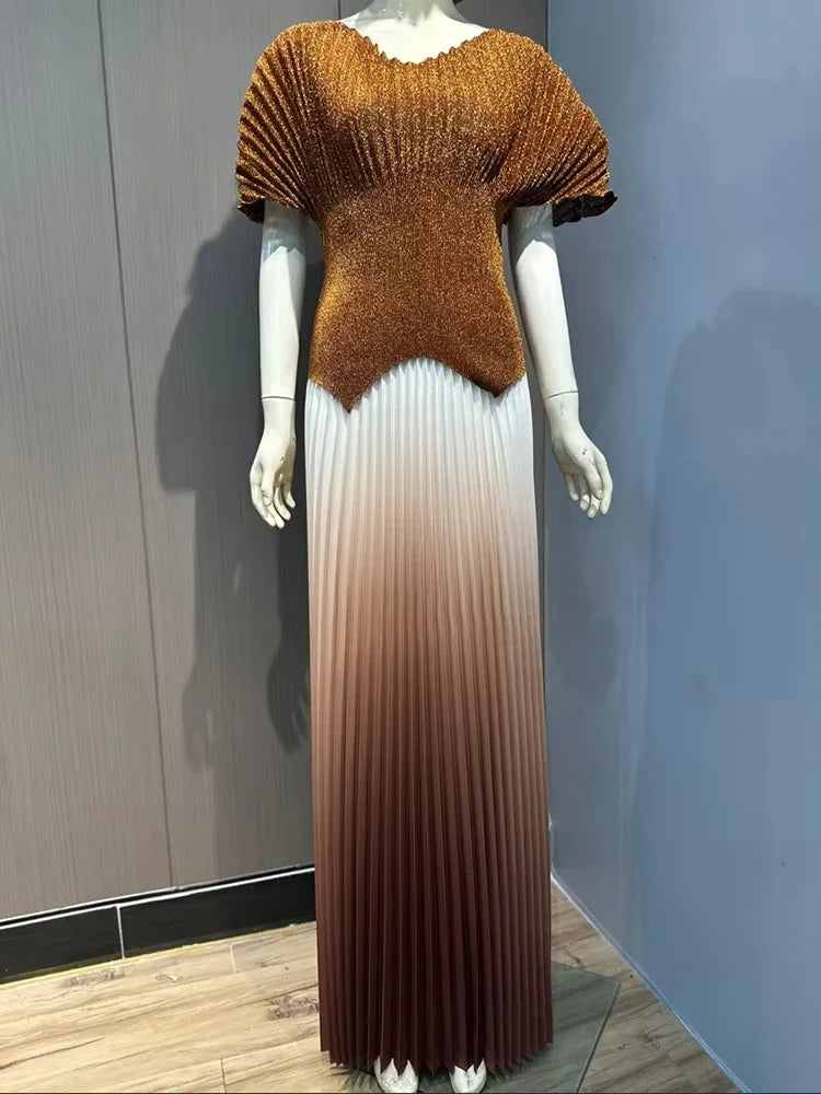 GETADME Pleated 2 Pieces Set Women Fashion V Neck Short Batwing Sleeves Irregular Hem T-shirt&New Gradient A-line Folds Long Skirt