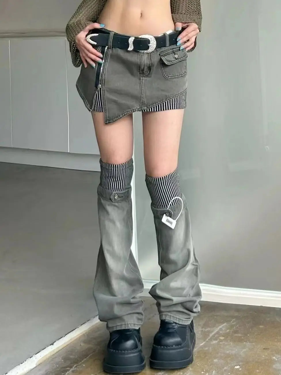 GETADME American retro patterned patchwork denim suit half skirt women Y2K irregular short skirt leg cover two-piece set for wearing