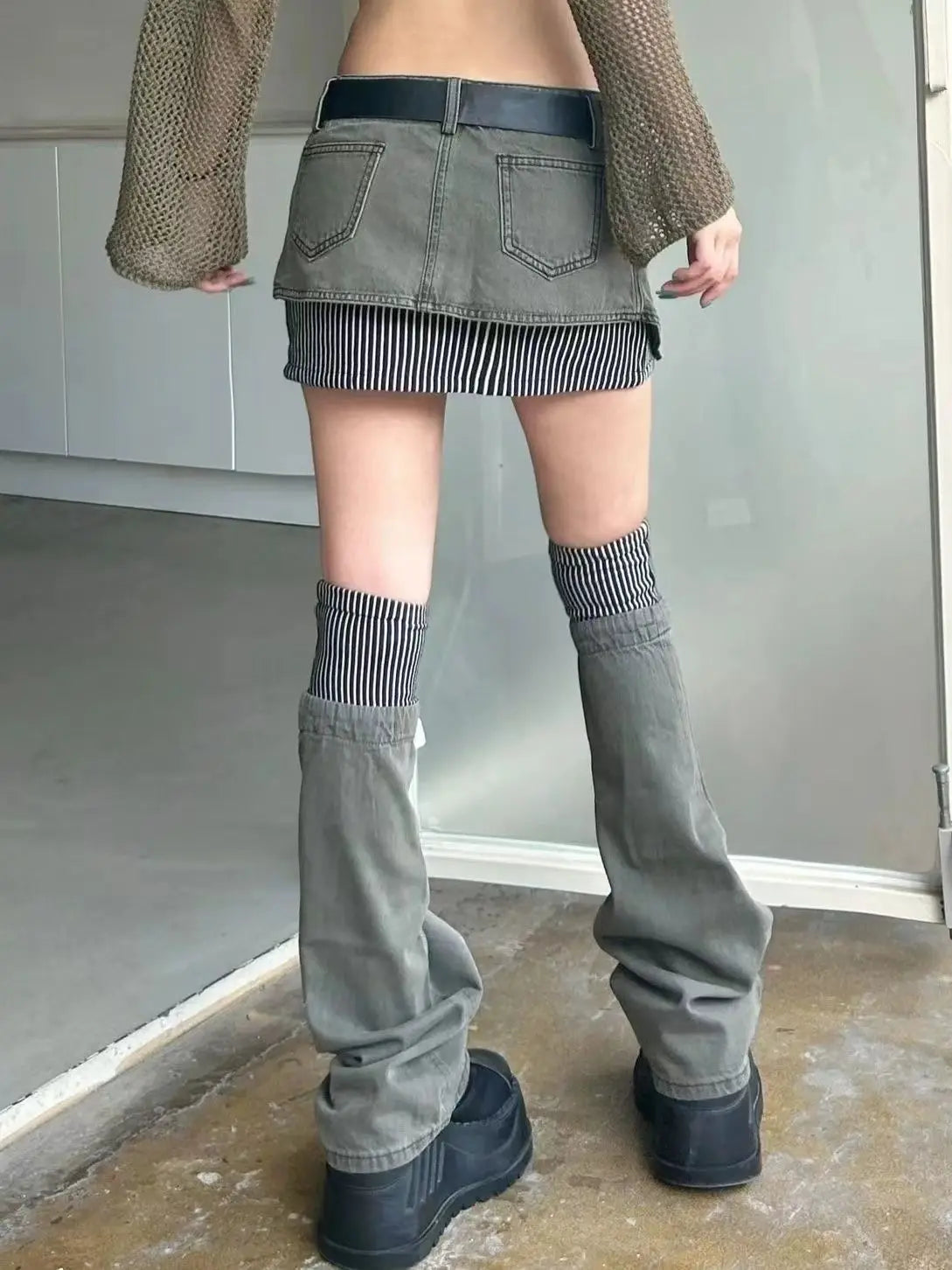 GETADME American retro patterned patchwork denim suit half skirt women Y2K irregular short skirt leg cover two-piece set for wearing