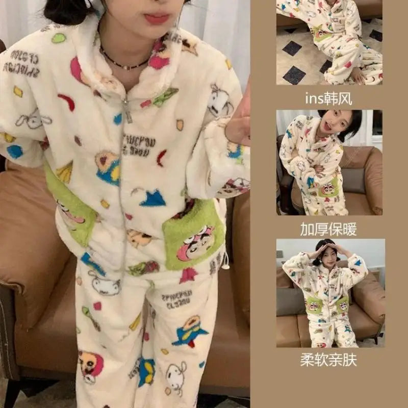 GETADME Anime Coral Velvet Pajamas Crayon Shinchans Kawaii Girl Long Sleeves Decorate Trousers Cartoon Loungewear Set Good Looks Gift