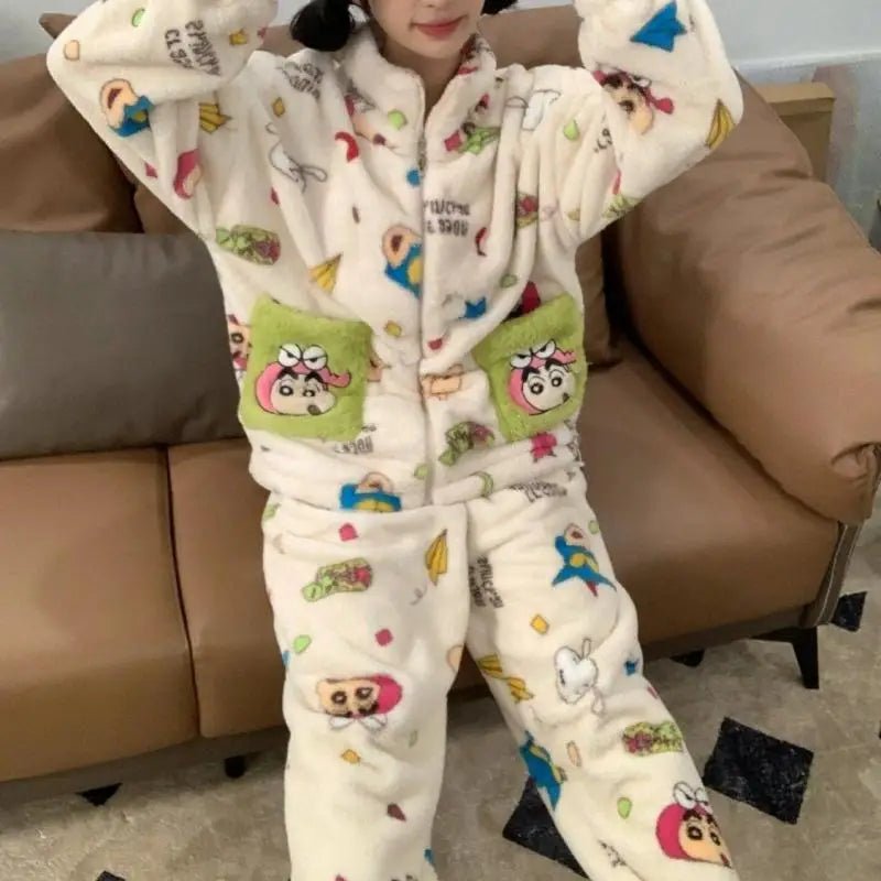 GETADME Anime Coral Velvet Pajamas Crayon Shinchans Kawaii Girl Long Sleeves Decorate Trousers Cartoon Loungewear Set Good Looks Gift