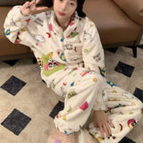 GETADME Anime Coral Velvet Pajamas Crayon Shinchans Kawaii Girl Long Sleeves Decorate Trousers Cartoon Loungewear Set Good Looks Gift