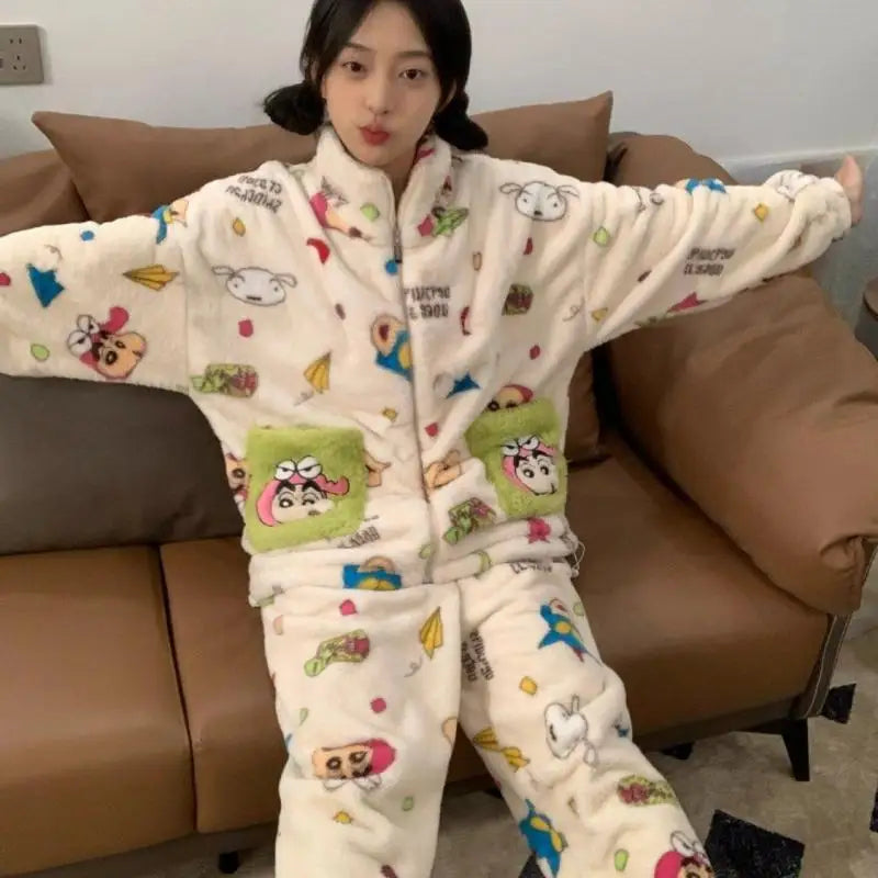 GETADME Anime Coral Velvet Pajamas Crayon Shinchans Kawaii Girl Long Sleeves Decorate Trousers Cartoon Loungewear Set Good Looks Gift