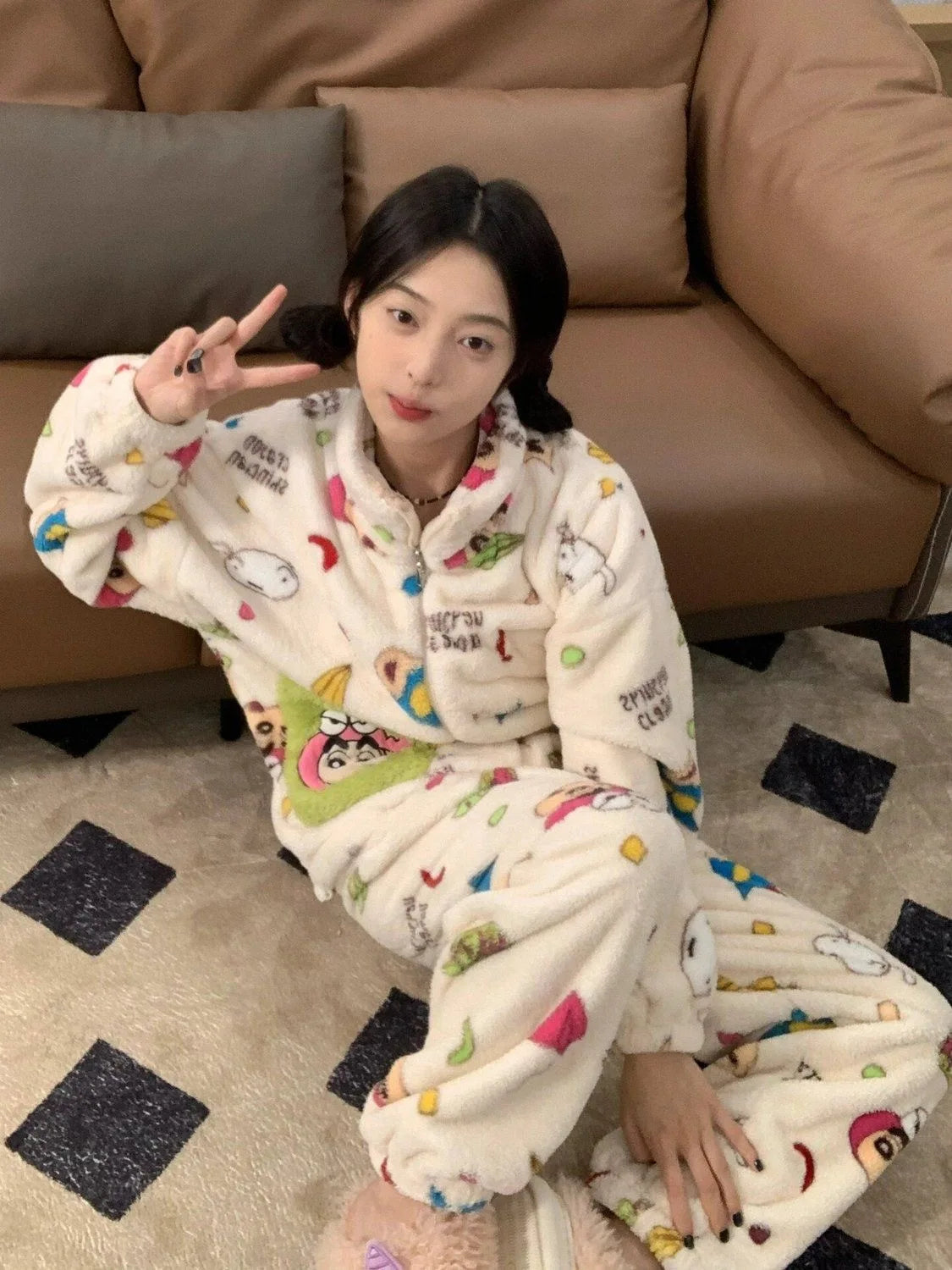 GETADME Anime Coral Velvet Pajamas Crayon Shinchans Kawaii Girl Long Sleeves Decorate Trousers Cartoon Loungewear Set Good Looks Gift