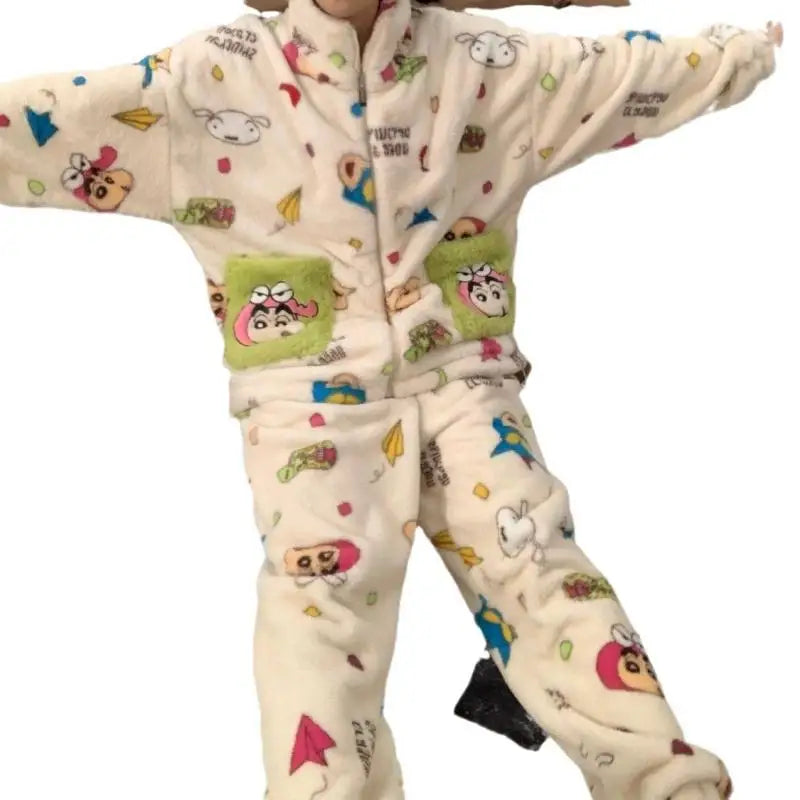 GETADME Anime Coral Velvet Pajamas Crayon Shinchans Kawaii Girl Long Sleeves Decorate Trousers Cartoon Loungewear Set Good Looks Gift
