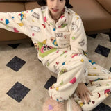 GETADME Anime Coral Velvet Pajamas Crayon Shinchans Kawaii Girl Long Sleeves Decorate Trousers Cartoon Loungewear Set Good Looks Gift