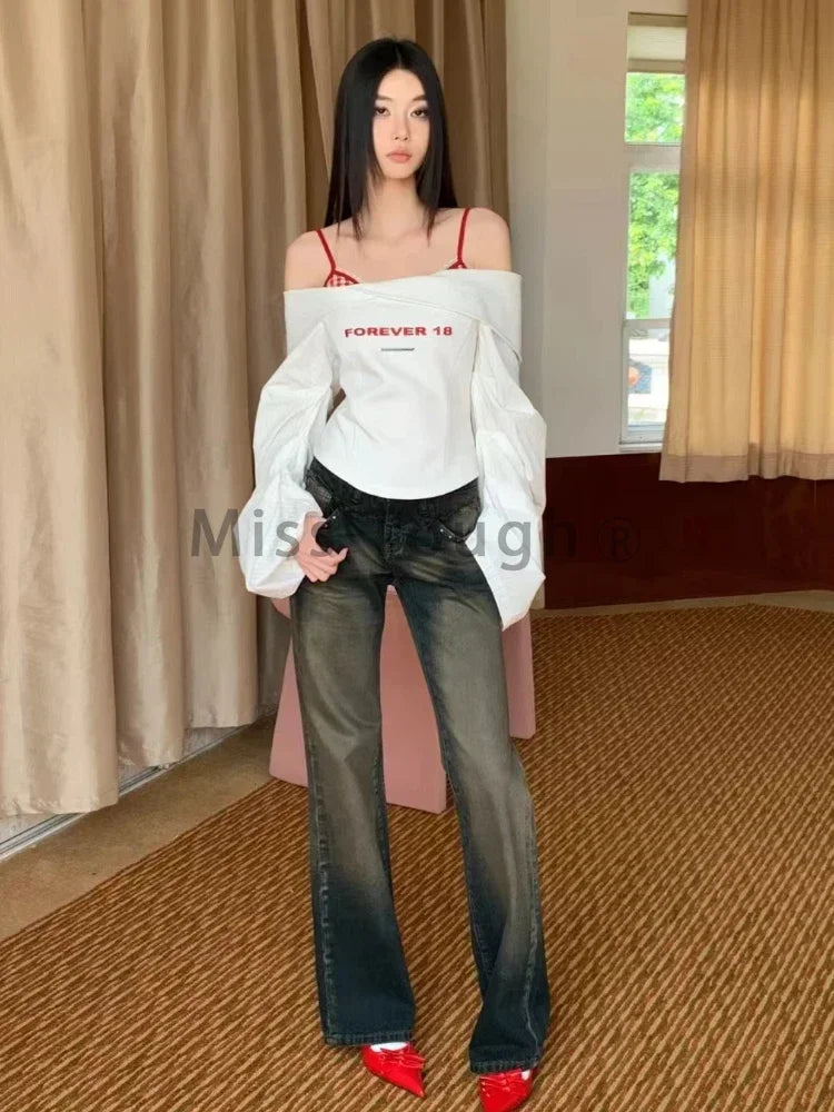 GETADME Autumn Korean Fashion Slim 3-piece Set Women High Street Y2k Long Sleeve Solid Square Sling Top + Chic High Waist Thin Skirt New