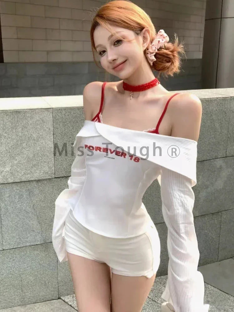 GETADME Autumn Korean Fashion Slim 3-piece Set Women High Street Y2k Long Sleeve Solid Square Sling Top + Chic High Waist Thin Skirt New