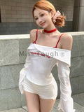 GETADME Autumn Korean Fashion Slim 3-piece Set Women High Street Y2k Long Sleeve Solid Square Sling Top + Chic High Waist Thin Skirt New