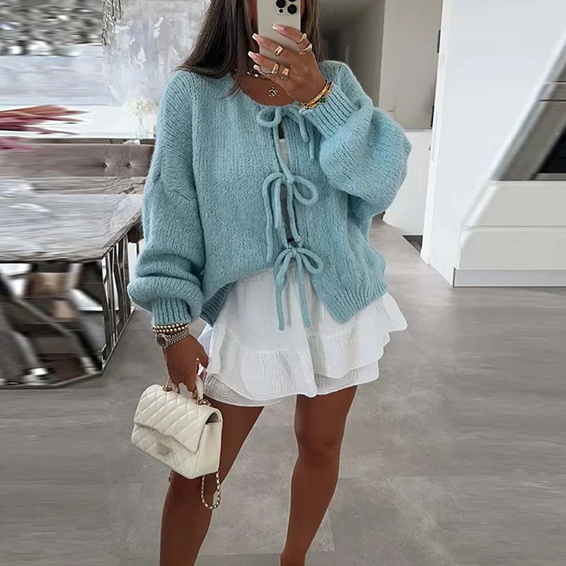 GETADME Autumn Warm Long Sleeved Sweater Lady Elegant Wool Long Sleeved Knitted Cardigan 2024 Casual Commuting Bow Tie-up Solid Sweater