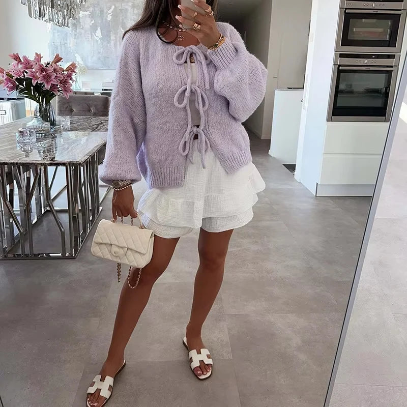 GETADME Autumn Warm Long Sleeved Sweater Lady Elegant Wool Long Sleeved Knitted Cardigan 2024 Casual Commuting Bow Tie-up Solid Sweater
