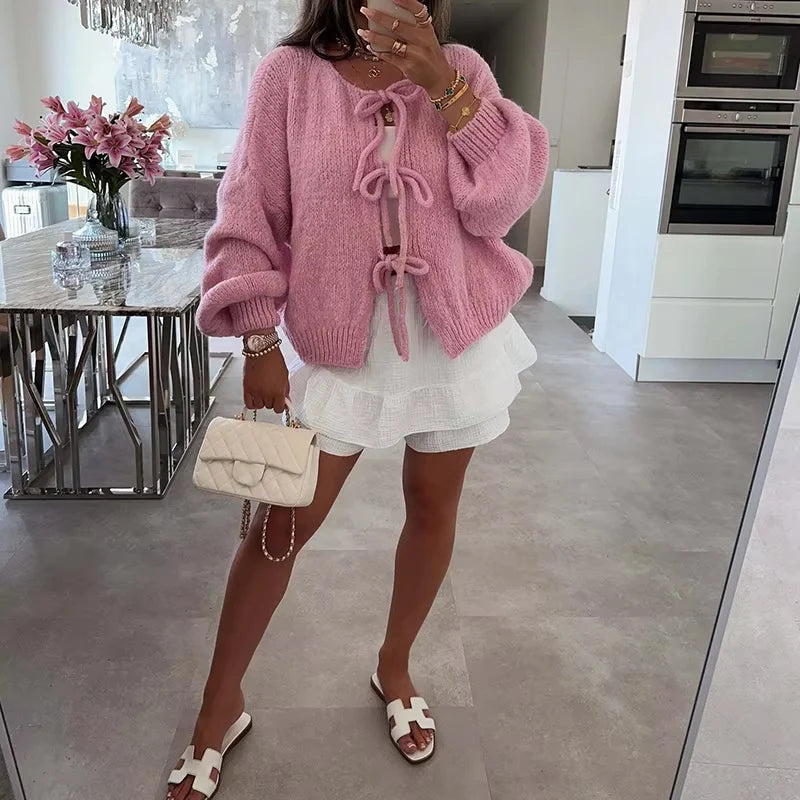 GETADME Autumn Warm Long Sleeved Sweater Lady Elegant Wool Long Sleeved Knitted Cardigan 2024 Casual Commuting Bow Tie-up Solid Sweater