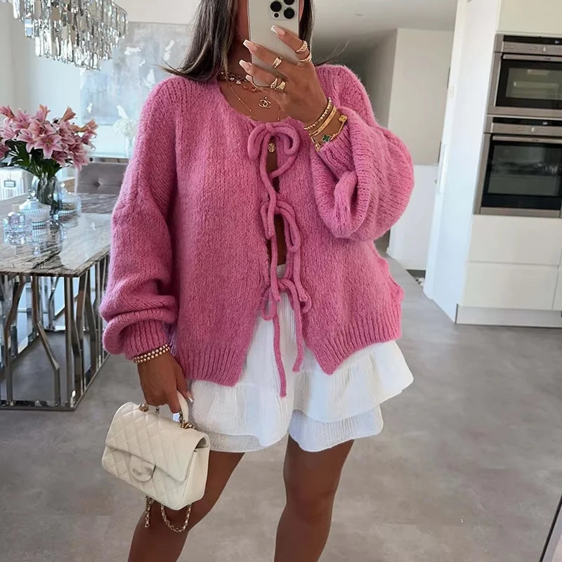 GETADME Autumn Warm Long Sleeved Sweater Lady Elegant Wool Long Sleeved Knitted Cardigan 2024 Casual Commuting Bow Tie-up Solid Sweater